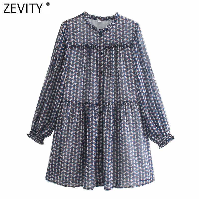 

Zevity Women Sweet Tetragonal Petals Floral Print Casual Kimono Mini Dress Ladies Retro Lantern Sleeve Chic Pleat Vestido DS4764 210603, As pic ds4764cc