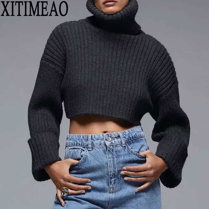 

ZA Women Fashion Thick Warm Cropped Knitted Sweater Vintage High Neck Long Turn-up Sleeves Female Pullovers Chic Tops 210602, Black