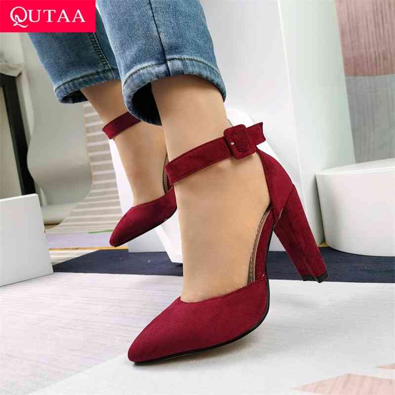

QUTAA Women Pumps Fashion Women Shoes Party Wedding Super Square High Heel Pointed Toe Red Wine Ladies Pumps Size 34-43 210409, Black