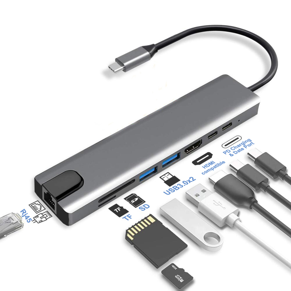 

USB C Hub Type-C 3.1 to 4K HDMI-Compatible RJ45 USB SD/TF Card Reader PD Fast Charge 8-in-1 USB Dock For MacBook Air Pro PC HUB