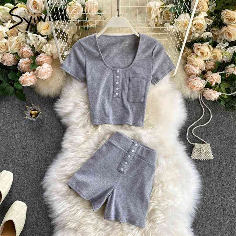 

2 Piece Shorts Sets Women Summer Tracksuit Outfits Casual Short Sleeve Slim T Shirts Elastic High Waist Pants 210607, Black