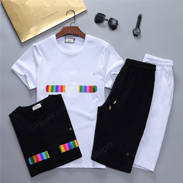 

Fashion Men's Tracksuits suit short-sleeved T-shirt + shorts 2-piece set of summer pure cotton breathable rainbow colorful classic prin, Gray