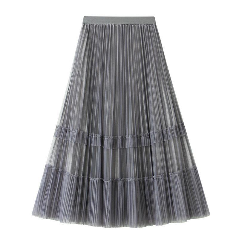 

Womens Midi A-line Pleated Skirts korea Tulle Skirt Women Spring summer Fashion Elastic High Waist Mesh Tutu 210524, Khaki