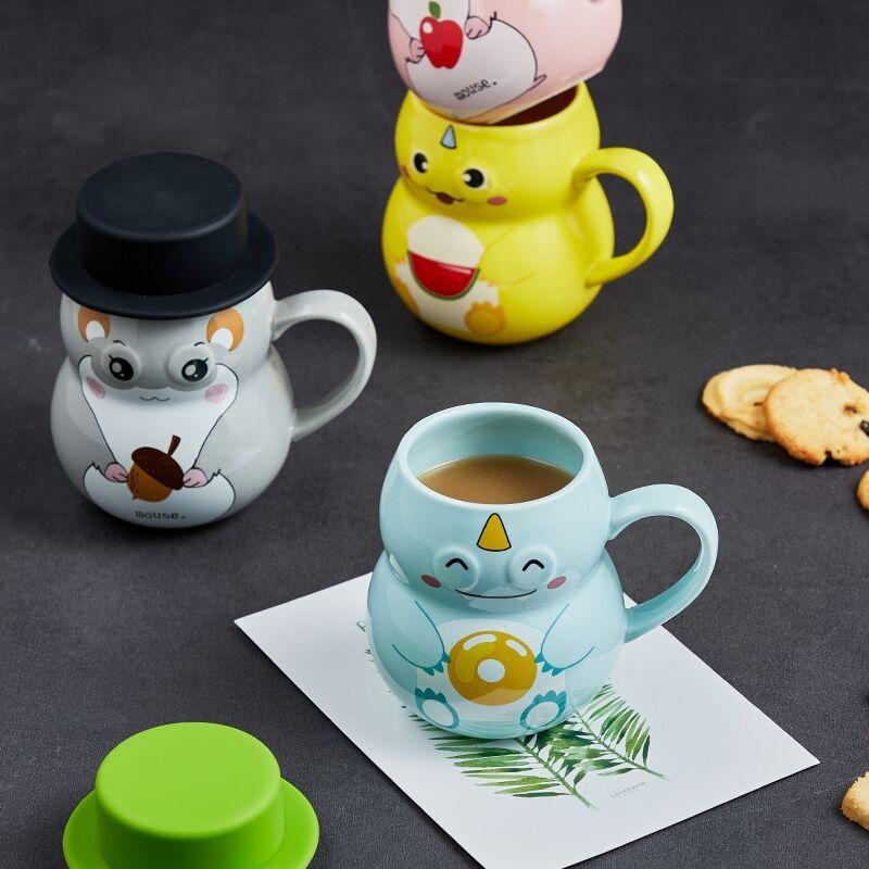 

Mugs Cartoon Animal Mug Abstract Pet Shape Ceramic Water Bottle With Cover And Handle Heat Resistant Children's Milk Cereal Cup