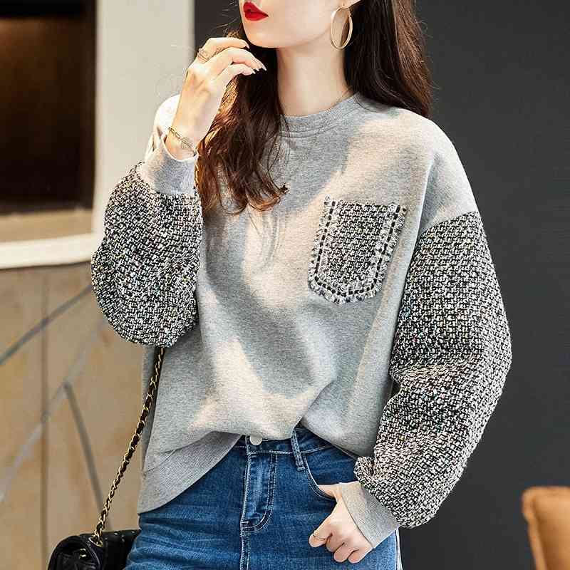 

Grey round neck Pullover Sweater women's spring and autumn thin 2021 new fashion loose splicing coat small fragrance top, Black