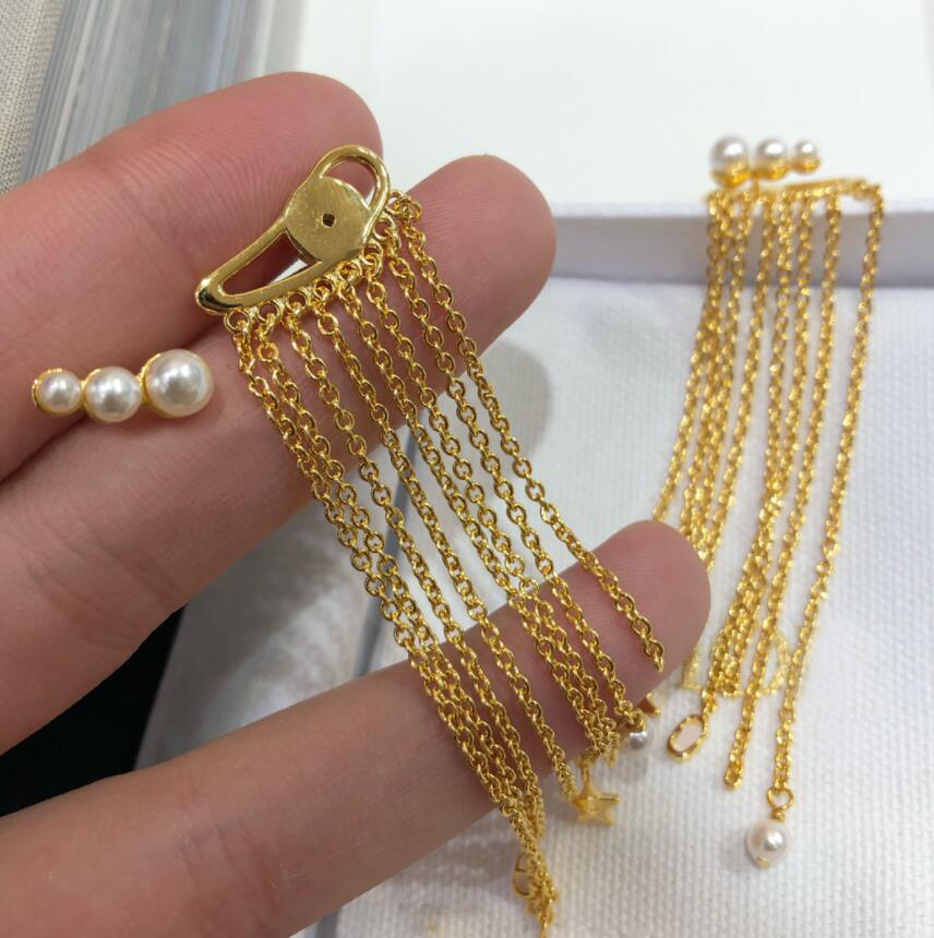 

Fashion Brand Jewelry Pearl Tassel Dangle Long Chain Star Charm Earrings Studs Have Stamps Eardrop for lady Women Party Wedding Lovers gift, Silver
