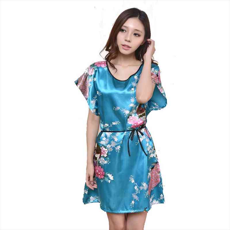 

Printed Flower White Chinese Lady Silk Rayon Bath Robe Dress Sexy Mini Nightshirt Gown Summer Lounge Pijamas, Black;red