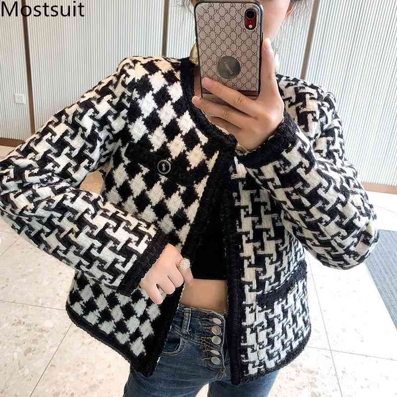 

Winter Vintage Plaid Tweed Women Jacket And Coat O-neck Long Sleeve Fashion Ladies Female Tops Coats Korean Elegant 210518, Picture color