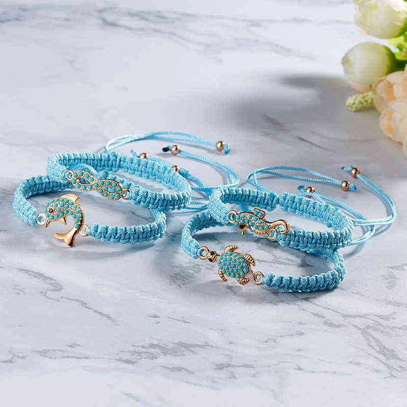 

2021 Handmade Love Turtle Seahorse Animal Charms Blue Rope Braided Bracelet Paper Card Hot Jewelry Gifts 1 Pc