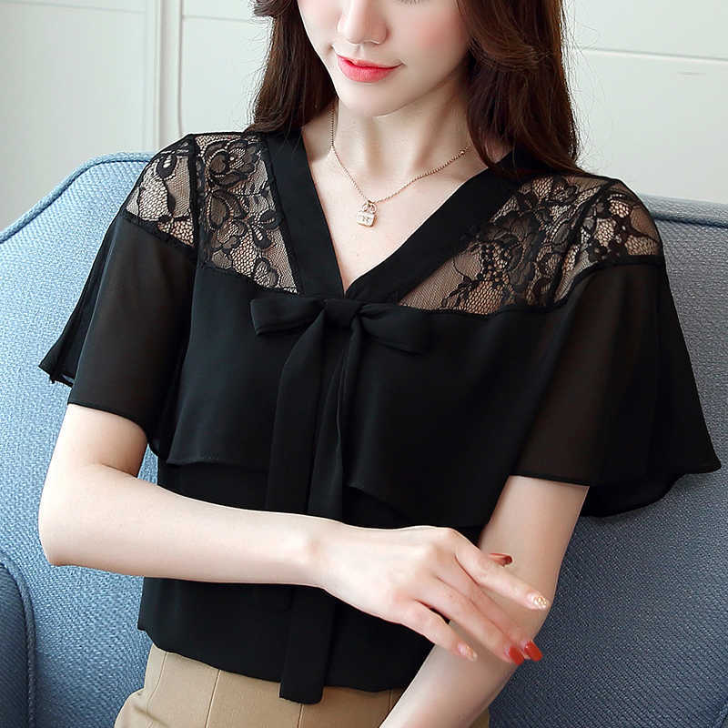 

Blouse Women Blusas Summer Tops Short Sleeve V-neck Hollow Lace Chiffon Shirt Clohtes D67 210602, White