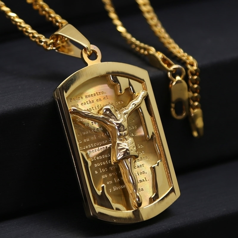 

Men hip hop Gold color Lord's Prayer & Crucifix Jesus Piece Christ Dog Tag Pendant 24"inch Miami Cuban Chain Hip Hop Necklace 210331, Silver