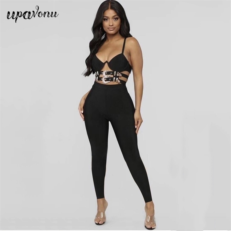 

Free Summer Women's Black Bandage Pants Ser Sexy Spaghetti Strap Hollow Vest Top & Pencil Two-piece Set 210524