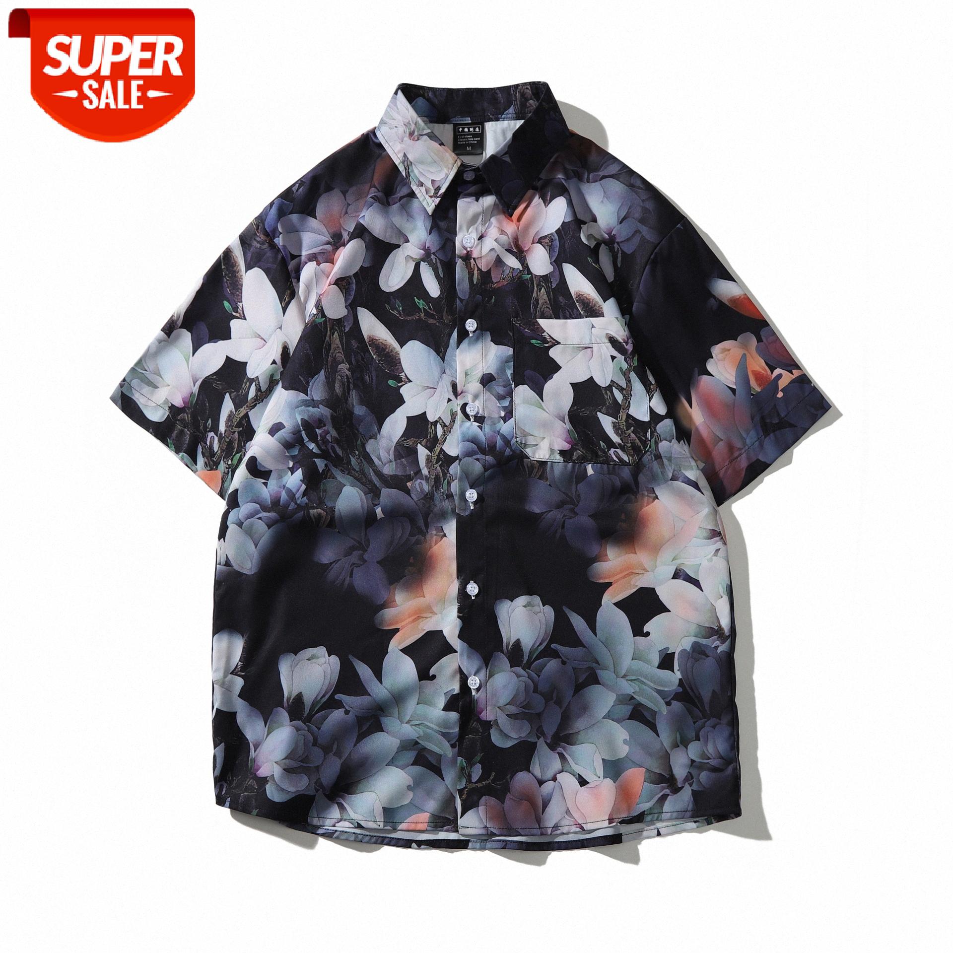

Japanese oil painting print shirt short-sleeved men's loose Hong Kong romantic casual couple half-sleeved #dI6f, White;black