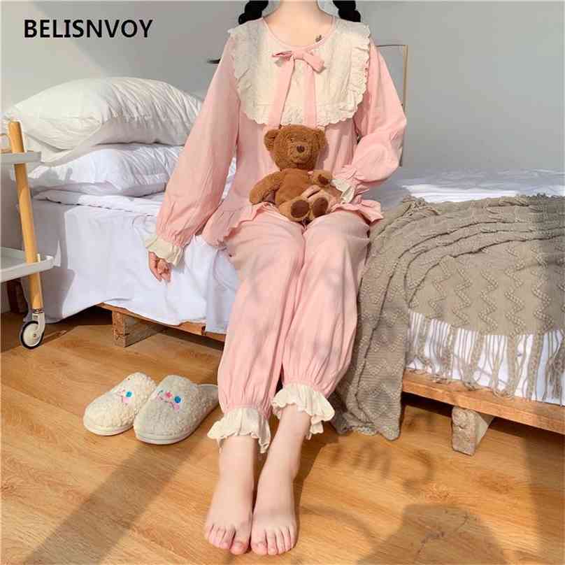 

Sweet Korean Version Of Pajamas Women Simple Loose Fresh Two Piece Set Comfortable Wide Leg Pants Casual Home Wear For Female 210520, Khaki