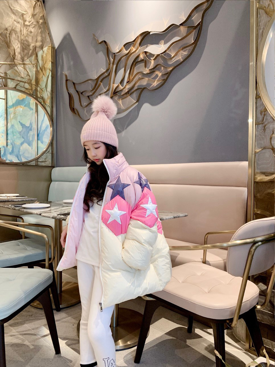 

Sweet Girls down Coat winterKids Girl Star pattern Jacket warm Clothing fashion Children's waterproof Outwear, Pink