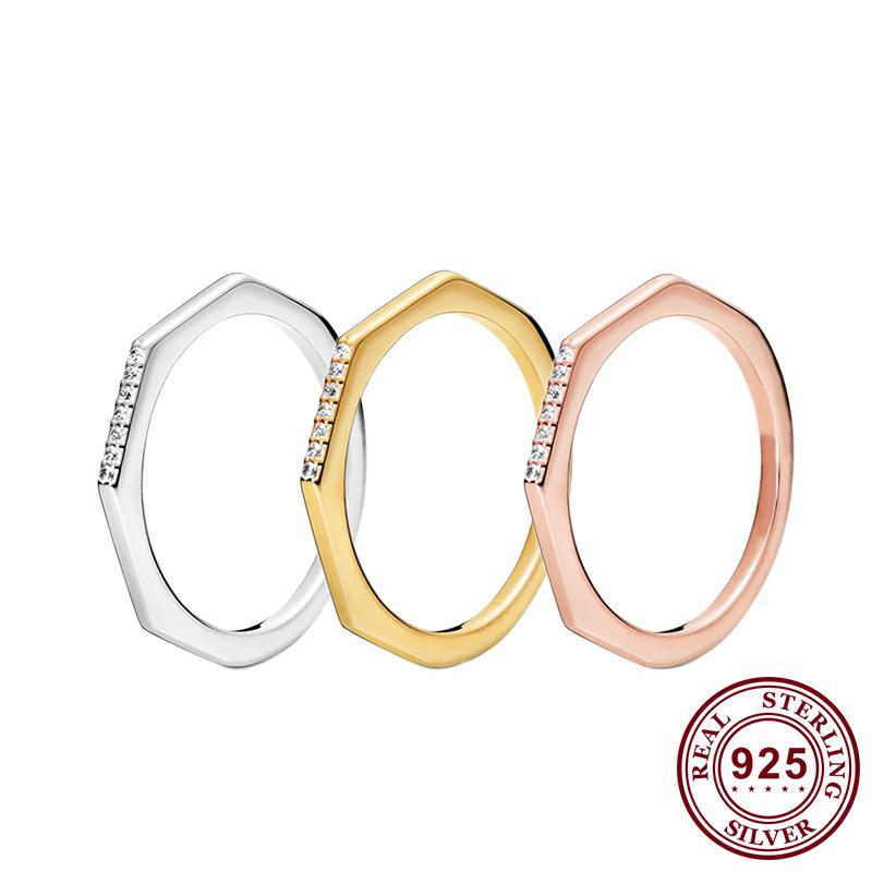 

Original 925 Sterling Silver Pan Ring Creative Polygonal Couple For Women Wedding Party Gift Fashion Jewelry Cluster Rings