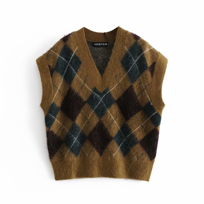 

Autumn Female British College Style Retro Loose Rhombus Plaid V-neck Knitted sleeveless Women Vest 210520, Multi