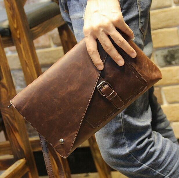 

Duffel Bags Vintage Leather Envelope Large Capacity Zipper Mens Clutches Wristlet Purse Handbag Elegant Evening Bag Mobile Pouch