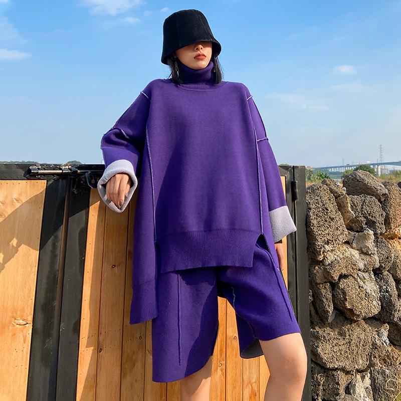 

Women's Tracksuits Knitted Two Piece Set Shorts Women Turtleneck Sweater Korean Trendy Jumper Suit Matching Pullovers Tops 2 Plus Size Pc, Gray