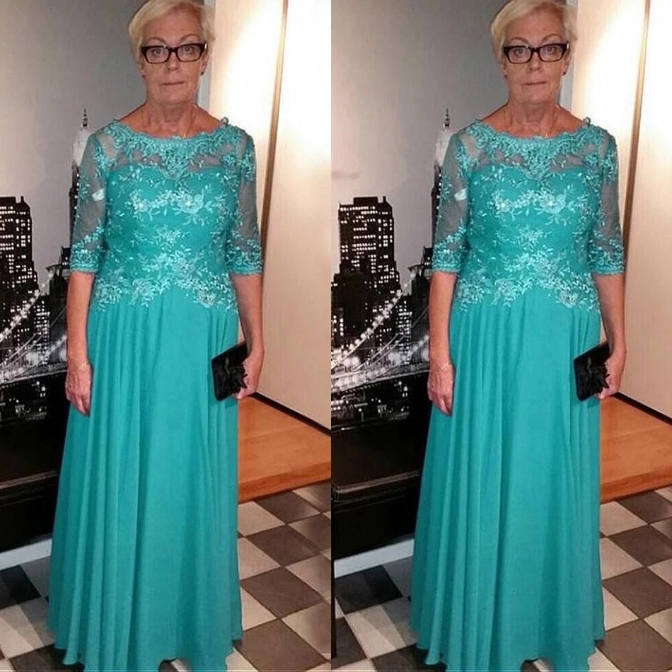 

Fashion Aqua Blue Jewel Neck Mother of the Bride Groom Dresses 2022 Chiffon Lace Top Half Sleeves Illusion Applique Empire Ruched Long Evening Party Prom Dress