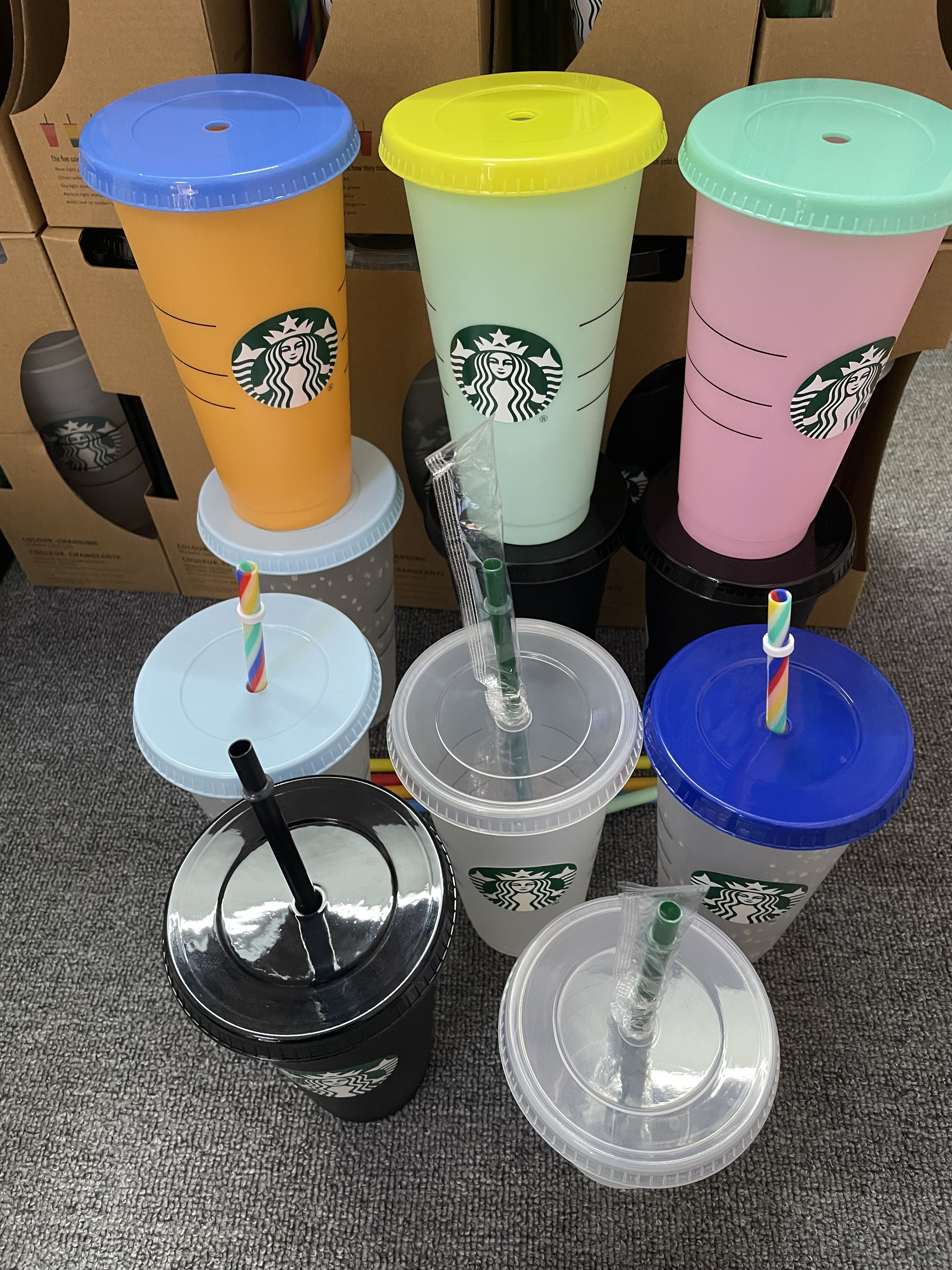 Goddess Starbucks Reusable Cup 24oz/710ml Mermaid Plastic Tumbler Black Drinking Flat Bottom Cups Pillar Shape Lid Straw Mugs-image-735497907