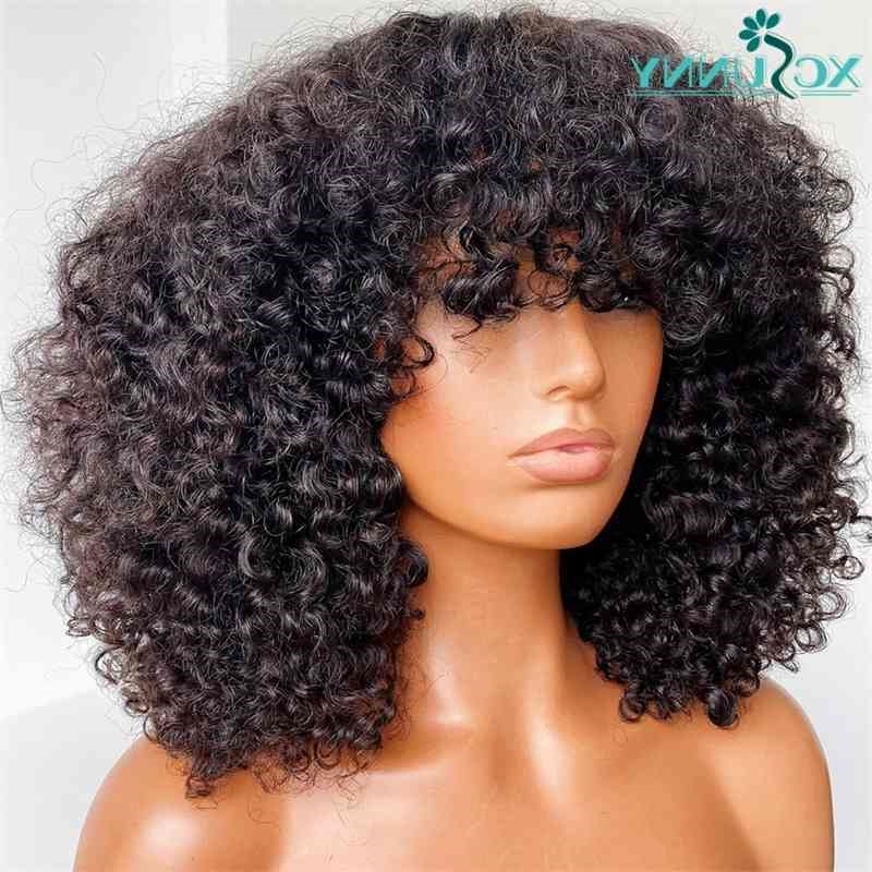 

Bangs Kinky Curly With Full Machine Made Scalp Top 200 Density Remy Peruvian Short Wigs Human Hair Xcsunny, Natural color