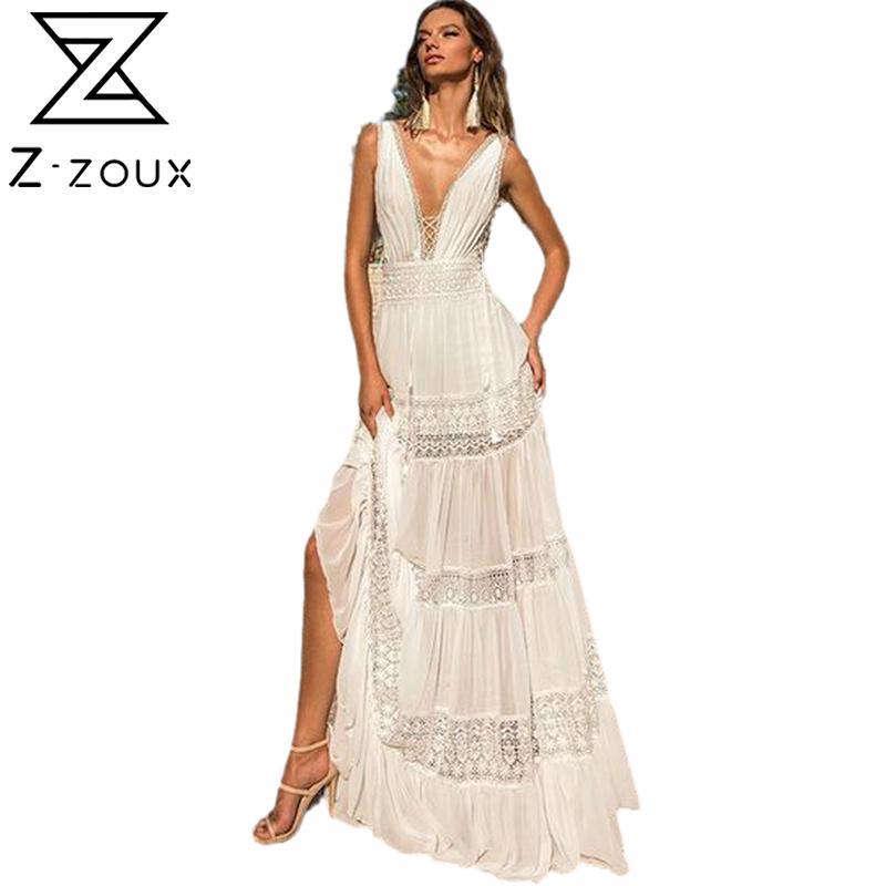 

Women Dress Deep V Neck Backless Bohemian es Sleeveless Hollow Out Large Hem Maxi es Sexy Plus Size Beach 210524, White