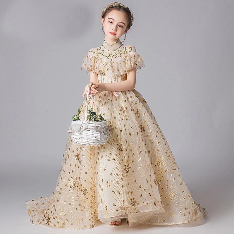 Girl&#039;s Dresses Train Flower Girl For Weddings Champagne High Collar Girls Princess Beading Sequins Kids Communion-image-739963234