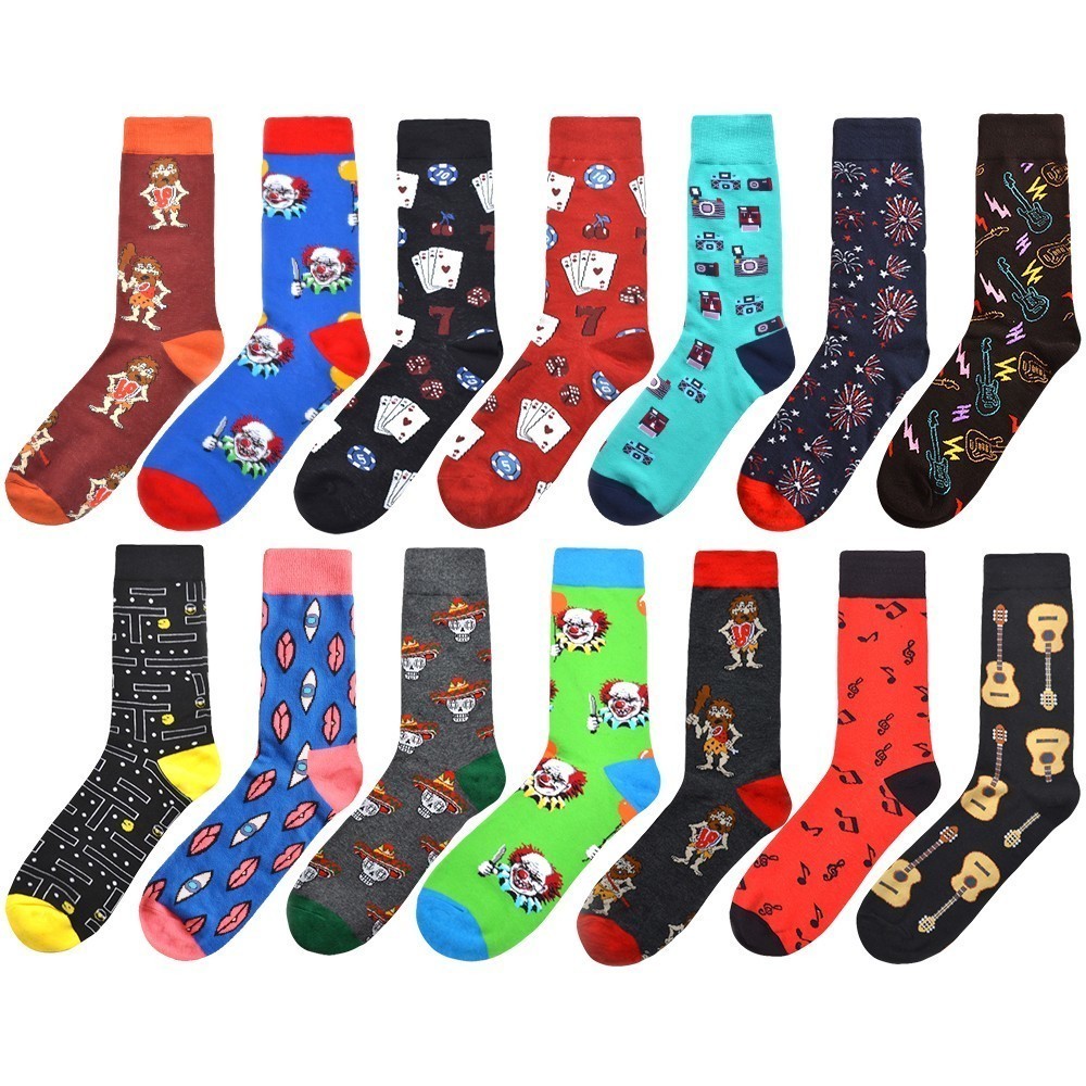 

High Quality Men Happy Socks Novelty 14Colors Cartoon Clown Guitar Socks Men Combed Cotton Calcetines Largos Hombre 2pcs=1pairs, Black