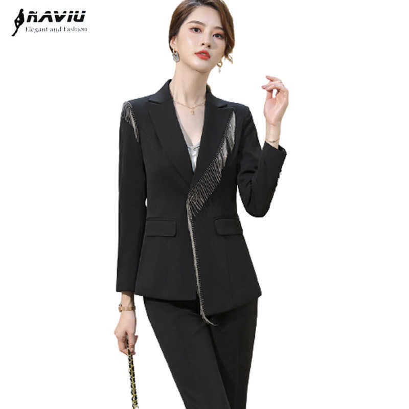

Temperament Women Suits Fashion Design High End Business Formal Slim Blazer And Pants Office Ladies Work Wear Black White 210604, Black blazer