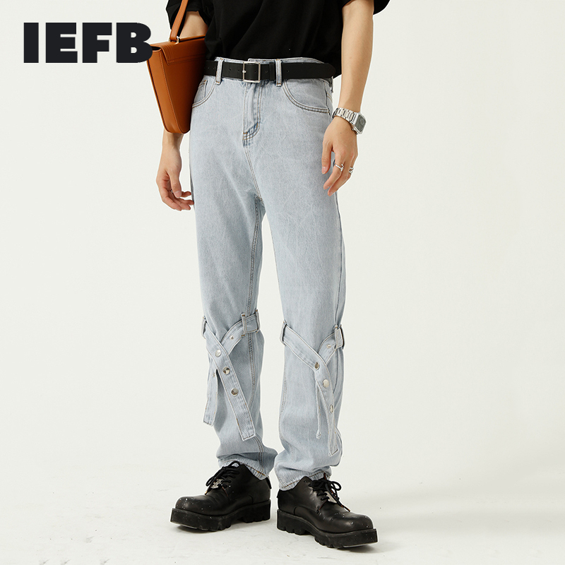 

IEFB Korean Bandage Design Loose Straight Fashion Men' Jeans Black Blue Straight Denim Trousers Streetwear 9Y7601 210524