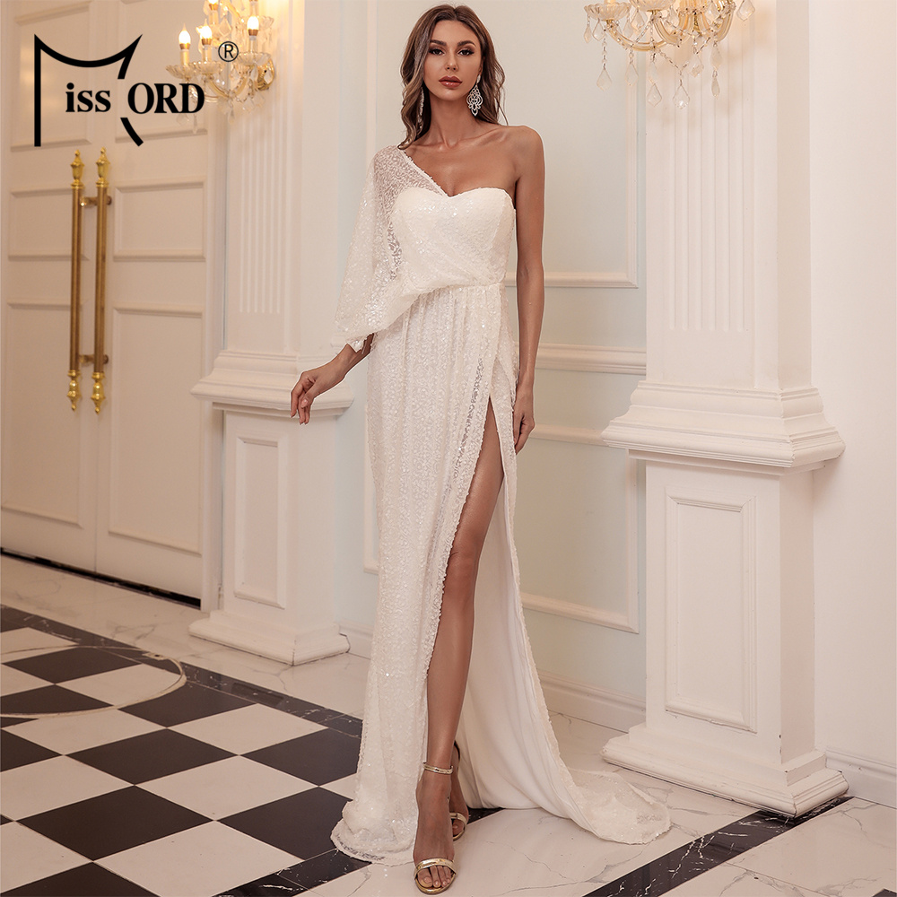 

2021missord one shoulder sequin evening party dress floor length maxi dress solid color high split backless women dress m0843, Black;gray