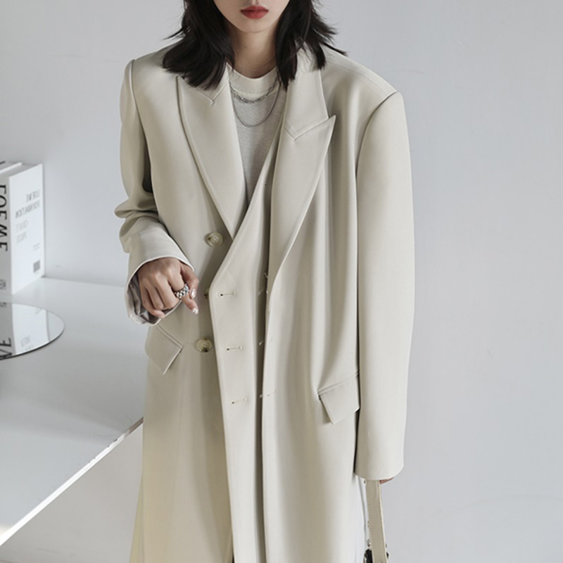 

women's trench coats [ewq] korea chic black blazer windbreaker women autumn notched oversized long sleeve suit coat outwear 94p0, Tan;black