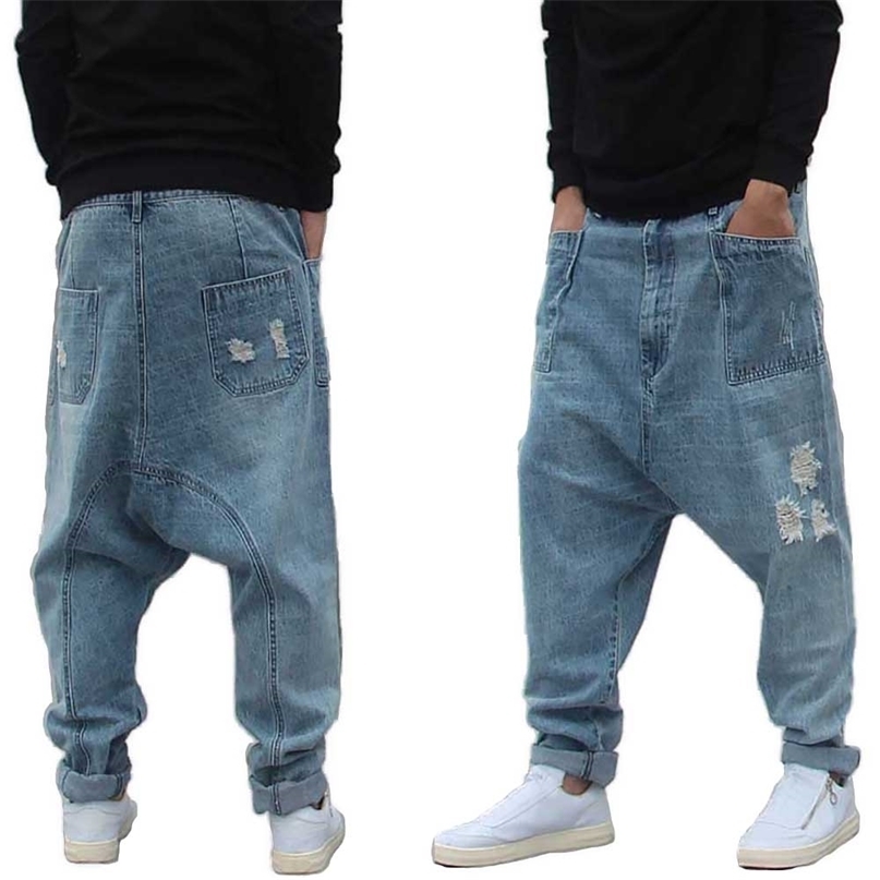 

Distressed Streetwear Ripped Harem Jeans Men Casual Loose Baggy Trousers Hip Dropcrotch Denim Pants Male Clothes Big Size 211108, Blue