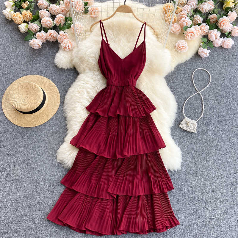

Summer Women Draped Ruffle Spaghetti Strap Dress Sexy Vacation Beach Vestidos Female Elegant High Waist Slim Midi Robe 2021 New Y0603, Pink