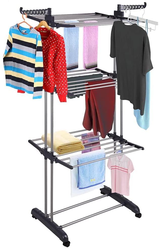 

Hangers & Racks LaVieFacile Foldable 3 Tier Clothes Drying Rack Rolling Collapsible Garment Laundry Dryer Hanger Stand Rail Indoor Dark Grey