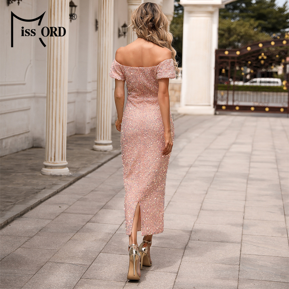 

2021missord off the shoulder short sleeve sequin dress elegant long women dress solid color evening party dress vestidos m0704, Black;gray