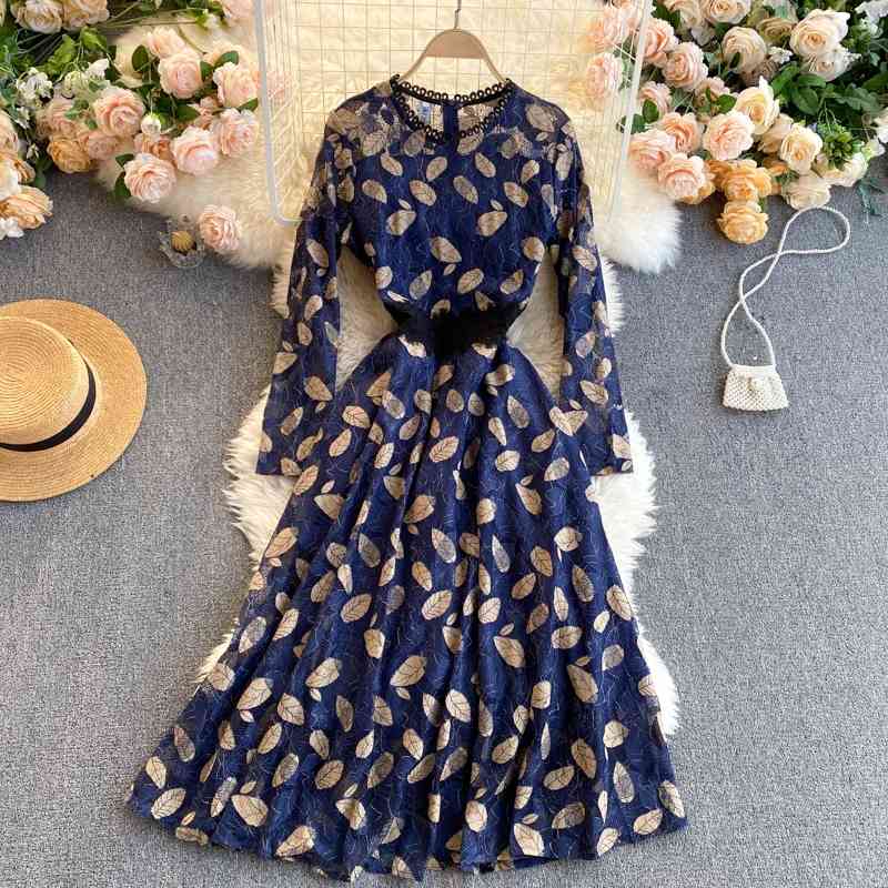 

Retro Spring And Summer Lace Embroidered Hook Print O Neck A-Line Full Mid-Calf Dresses Women 210615, Blue