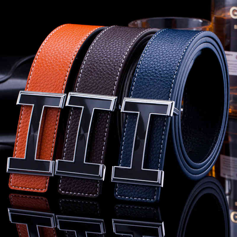 

Brand Belts [Hotti] Men Belt Cowhide Genuine Leather For Fashion Smooth Buckle With Letter H Cinturones Hombre, Black;brown