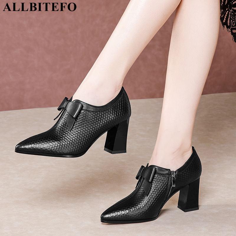 

Dress Shoes ALLBITEFO Large Size:34-42 Genuine Leather Brand High Heels Party Women Sweet Bowtie Heel Ladies, Black