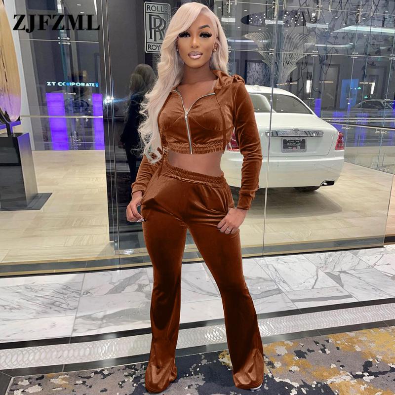 

Women's Two Piece Pants Trendy Solid Velvet Sweatsuit Women Casual Hooded Long Sleeve Zipper Crop Jacket And Elastic High Waist Flare Pant S, White