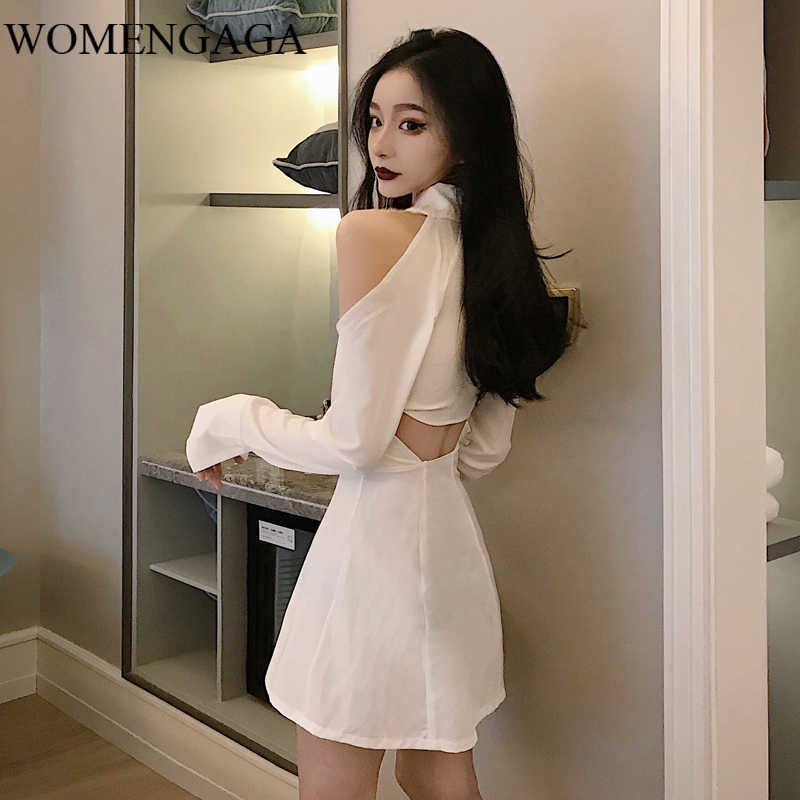 

WOMENGAGA Spring Autumn Halter Neck Hollow Out Sexy Fashion Strapless Backless Full Sleeve Dress Mini Dresses UUBB 210603, White