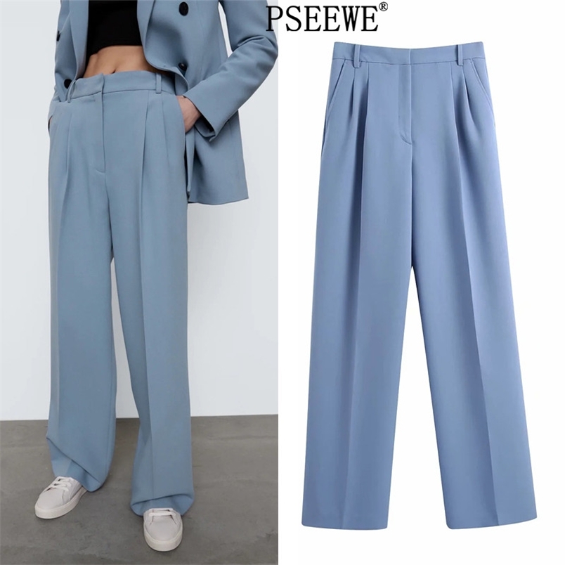 

Woman Trouser Blue Darted High Waist Wide Leg Pants Women Fashion Pocket Zip Fly Office Wear Elegant Female 210519