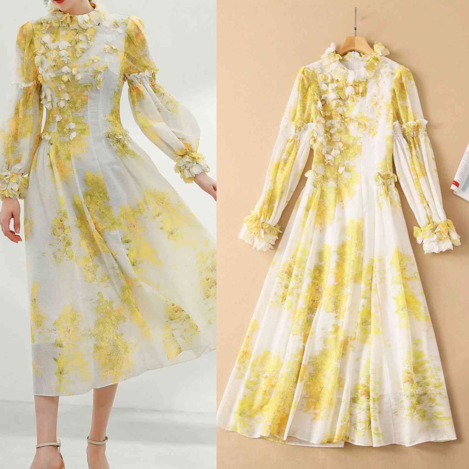 Runway Dresses ZIM dress Australia Stand-up collar, three-dimensional flowers beaded wooden ears lantern sleeves silk blend Q2J6-image-689727762
