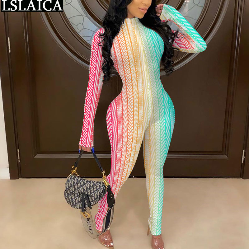 

Jumpsuit Women Rainbow Colors Print Stand Collar Zipper Long Sleeve Bodysuit Sexy Bodycon Pencil Pants Streetwear Romper Skinny 210520, Beige
