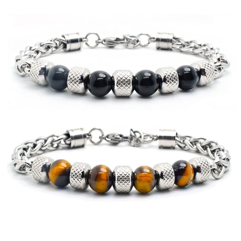 

Beaded, Strands Natural Stone Bracelet Mens Stainless Steel Tiger Eye Beads Chain On Hand Charm Black Hip Hop Male Accessories