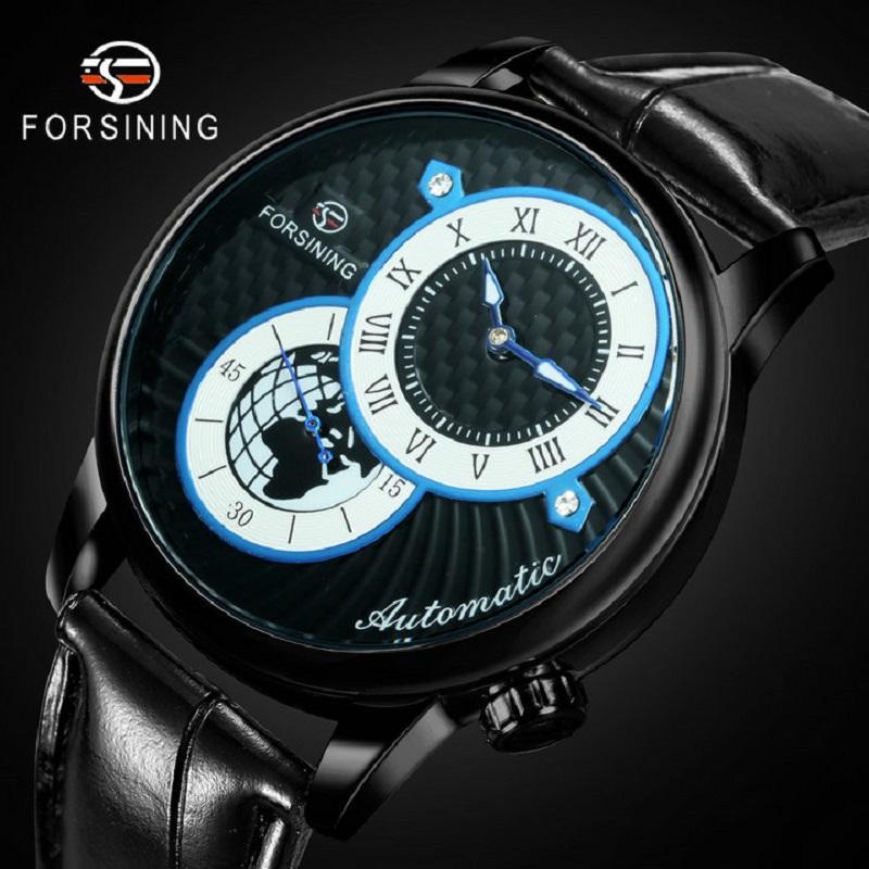 

Fashion Cool Black Automatic Mechanical Watch Men Leather Strap Clock Man Creative Globe Second Dail Design Wristwatch Wristwatches, Brown-sivler