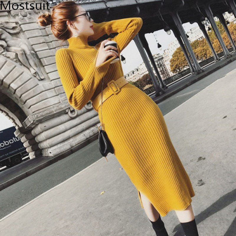 

Korean Knitted Turtleneck Midi-length Dress Women Spring Autumn Long Sleeve Belted Basic Fashion Pencil Sweater Dresses Vestidos 210518, Black