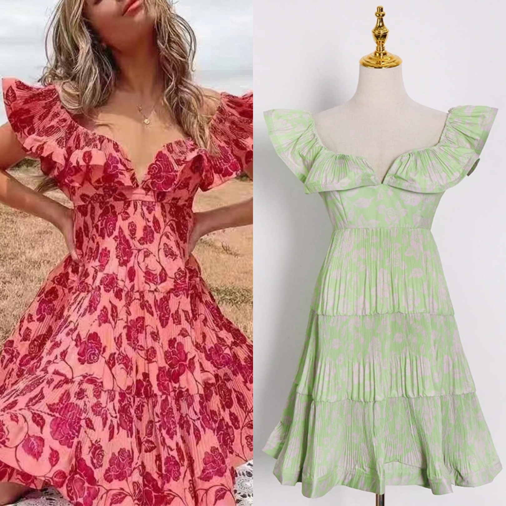 

European and American summer V-neck ruffled high-waist floral dress, Black;pink