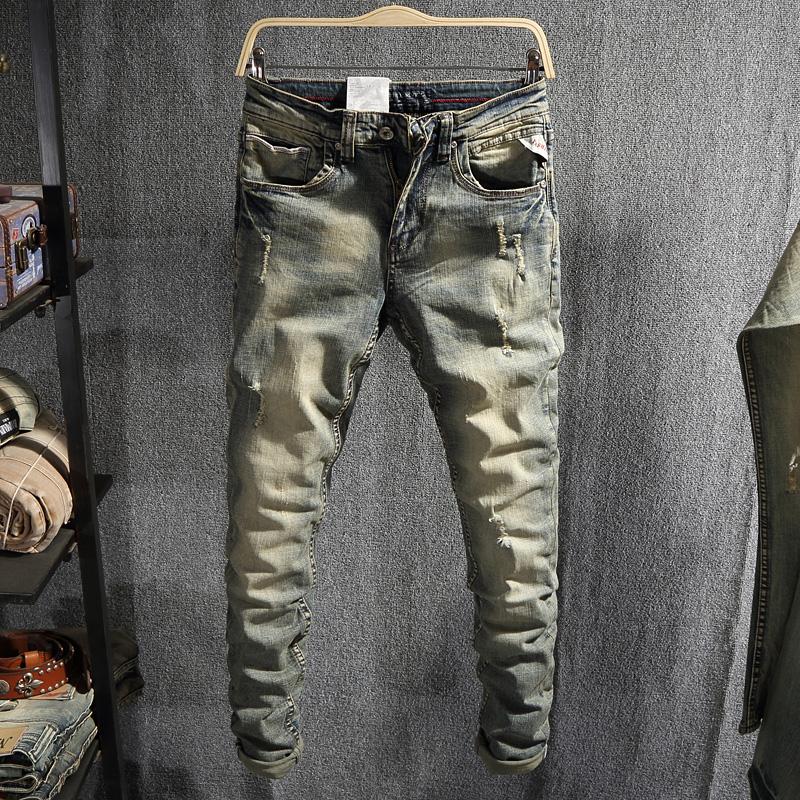 

Men's Jeans European Vintage Fashion Men Retro Yellow Washed Elastic Slim Fit Ripped Distressed Designer Casual Denim Pants